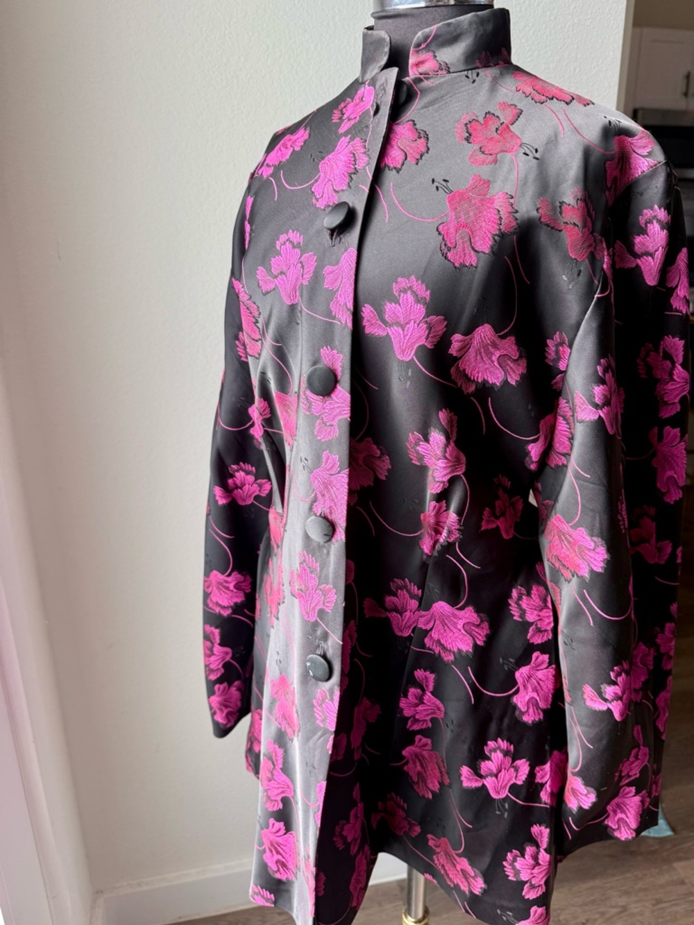 Vintage Claude Bert Women's Black Satin Jacket with Fuchsia Floral Jacquard